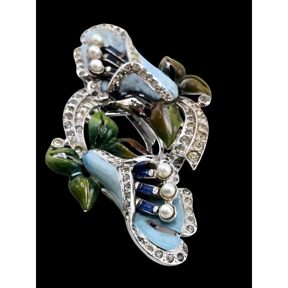 Beautiful Coro Duette Signed Enamel Flower Clips/Brooch (A7904)